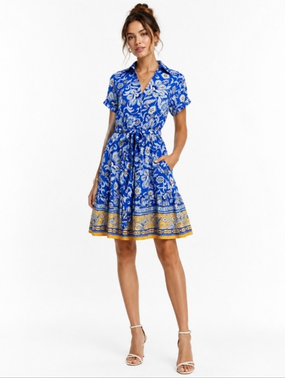 Sam Edelman Persian Garden Mini Floral Shirt Dress Blue with Contrast Hem NWT